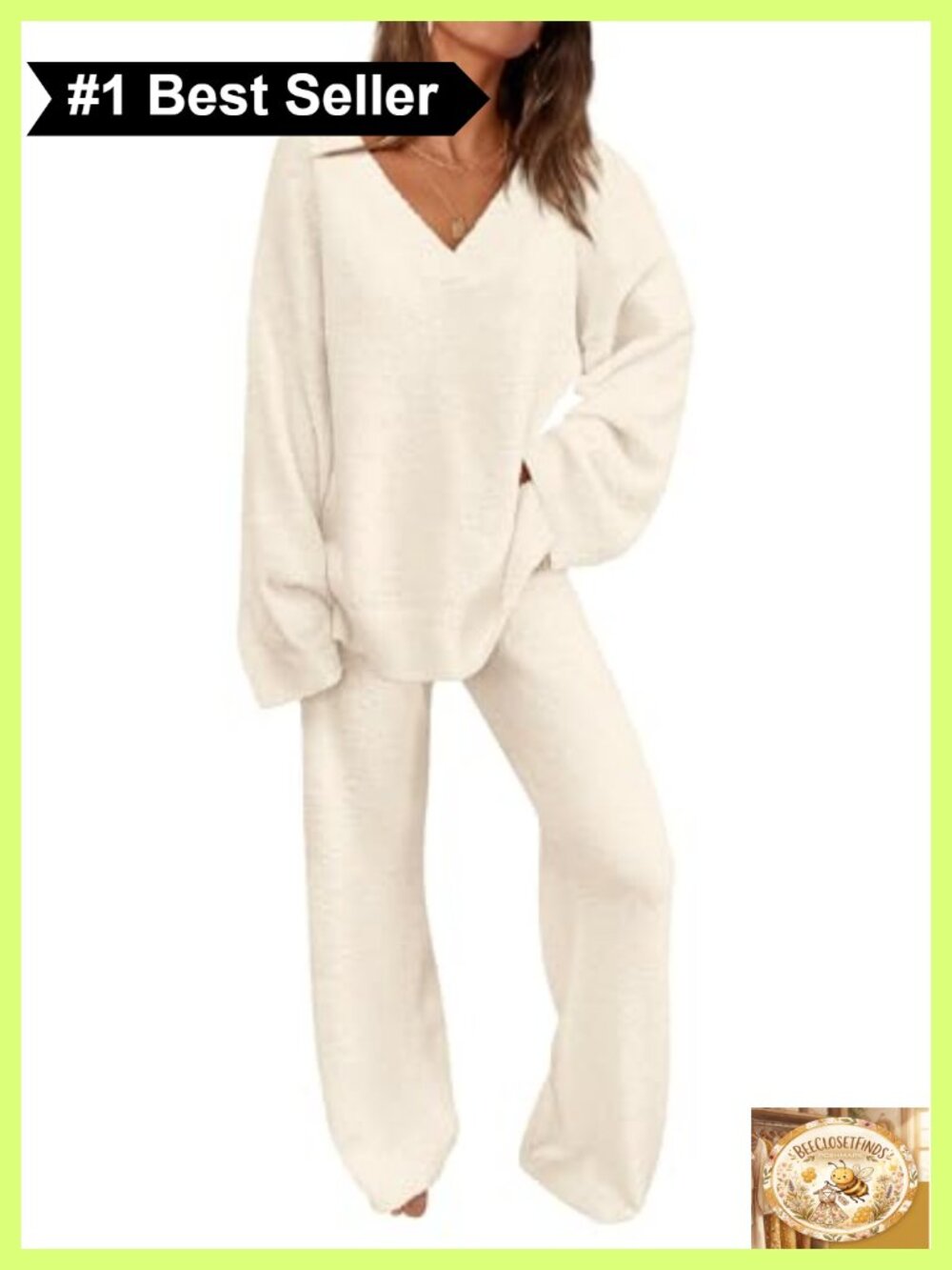 Fuzzy Sweater Lounge Set 2 Piece V Neck Pullover High Waist Pants